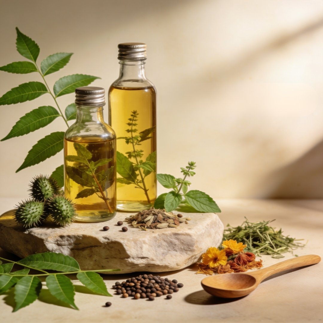 Ayurvedic oils and wellness oils with neem leaves, herbs and natural seeds by Antra Organic