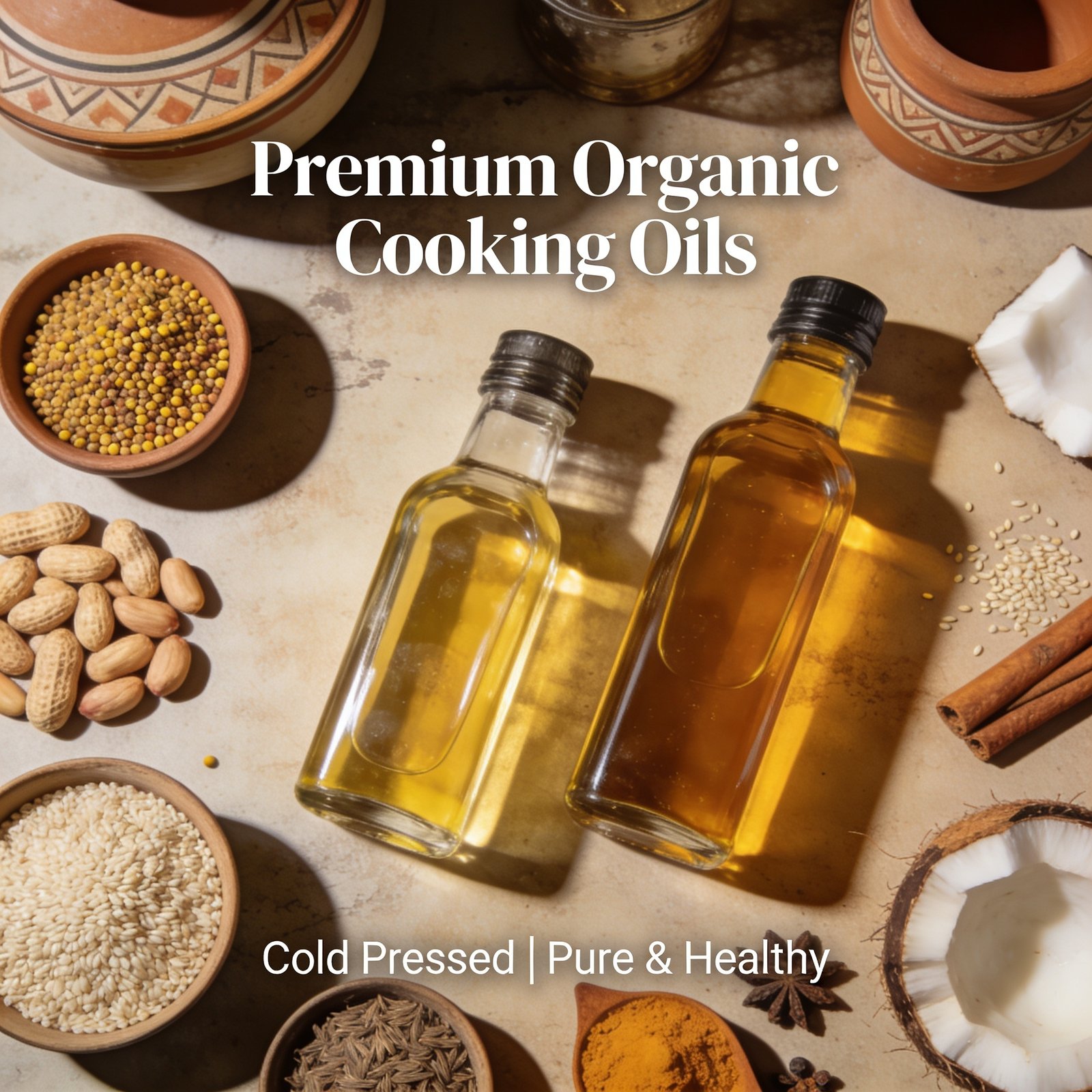 Organic cooking oils with cold pressed mustard, coconut, groundnut and sesame oils